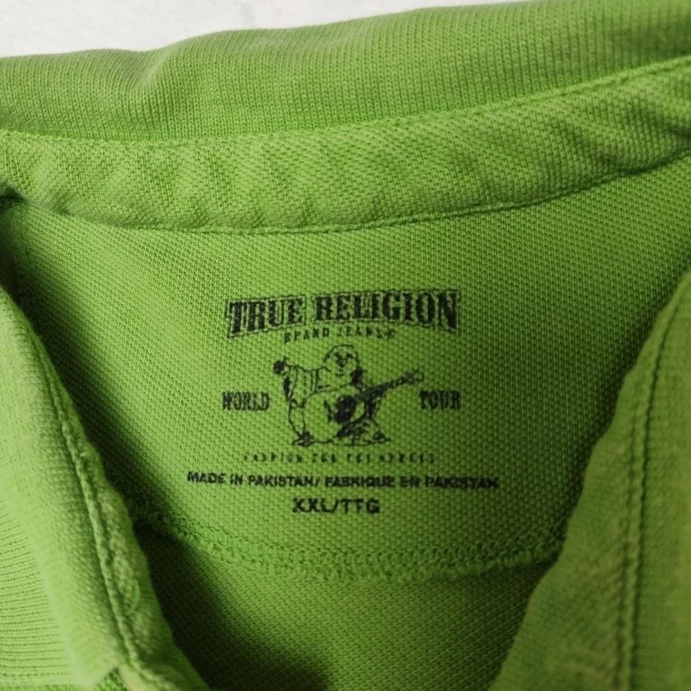 True Religion‎ Polo Shirt Mens 2XL Green Pique Cotton Short Sleeve Collared Logo